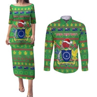 Personalised Cook Islands Christmas Couples Matching Puletasi Dress and Long Sleeve Button Shirt Santa Coat Of Arms Meri Kiritimiti LT05 Green - Polynesian Pride