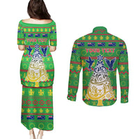 Personalised Cook Islands Christmas Couples Matching Puletasi Dress and Long Sleeve Button Shirt Santa Coat Of Arms Meri Kiritimiti LT05 - Polynesian Pride
