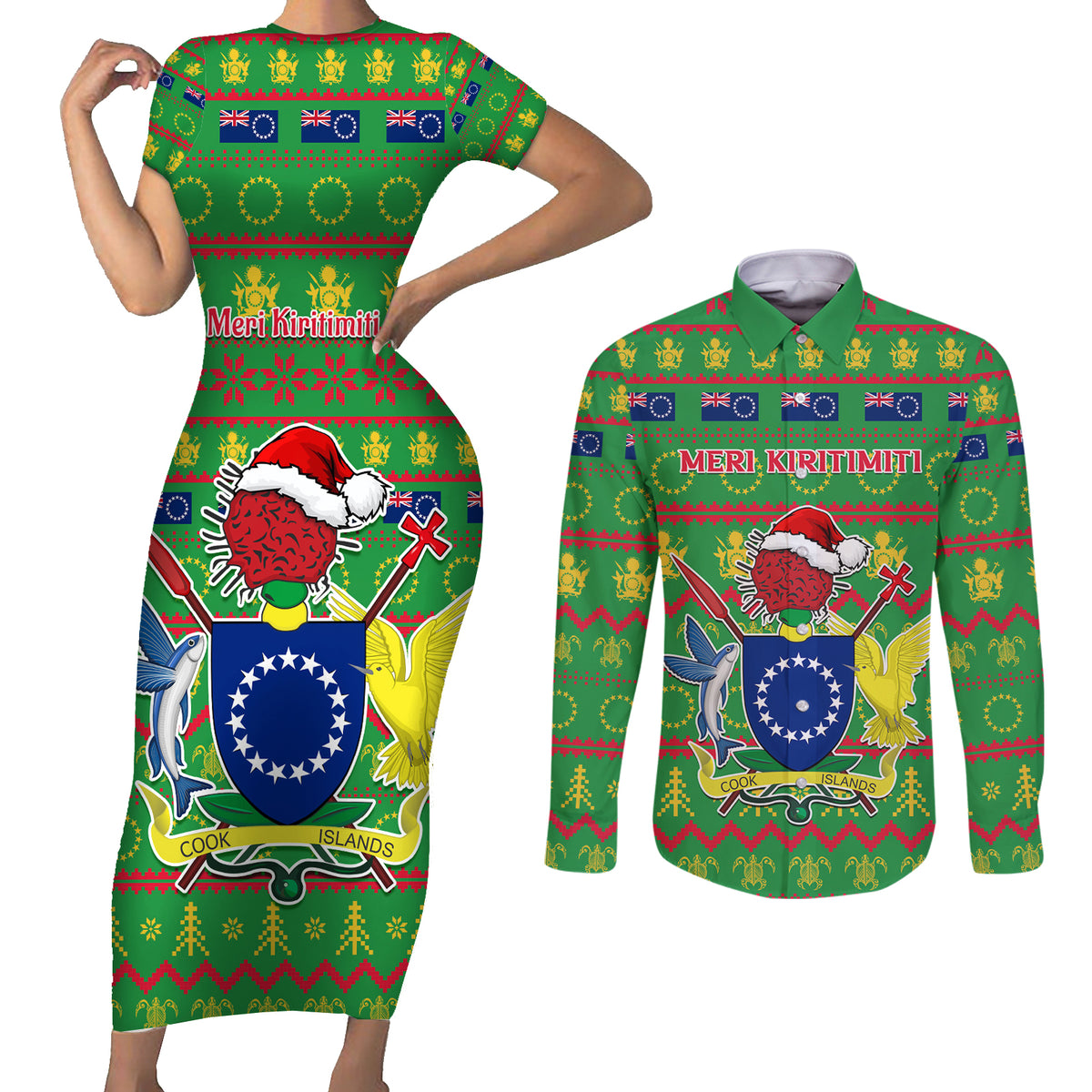 Personalised Cook Islands Christmas Couples Matching Short Sleeve Bodycon Dress and Long Sleeve Button Shirt Santa Coat Of Arms Meri Kiritimiti LT05 Green - Polynesian Pride