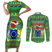 Personalised Cook Islands Christmas Couples Matching Short Sleeve Bodycon Dress and Long Sleeve Button Shirt Santa Coat Of Arms Meri Kiritimiti LT05 Green - Polynesian Pride