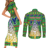 Personalised Cook Islands Christmas Couples Matching Short Sleeve Bodycon Dress and Long Sleeve Button Shirt Santa Coat Of Arms Meri Kiritimiti LT05 - Polynesian Pride