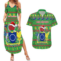 Personalised Cook Islands Christmas Couples Matching Summer Maxi Dress and Hawaiian Shirt Santa Coat Of Arms Meri Kiritimiti LT05 Green - Polynesian Pride
