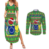 Personalised Cook Islands Christmas Couples Matching Summer Maxi Dress and Long Sleeve Button Shirt Santa Coat Of Arms Meri Kiritimiti LT05 Green - Polynesian Pride