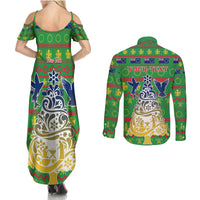 Personalised Cook Islands Christmas Couples Matching Summer Maxi Dress and Long Sleeve Button Shirt Santa Coat Of Arms Meri Kiritimiti LT05 - Polynesian Pride