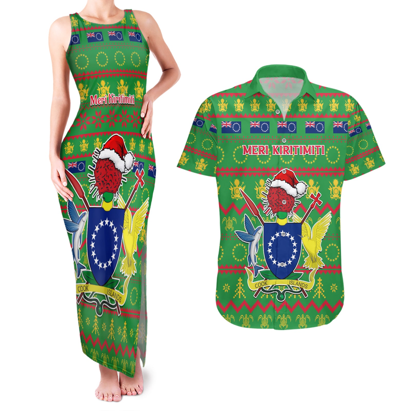 Personalised Cook Islands Christmas Couples Matching Tank Maxi Dress and Hawaiian Shirt Santa Coat Of Arms Meri Kiritimiti LT05 Green - Polynesian Pride