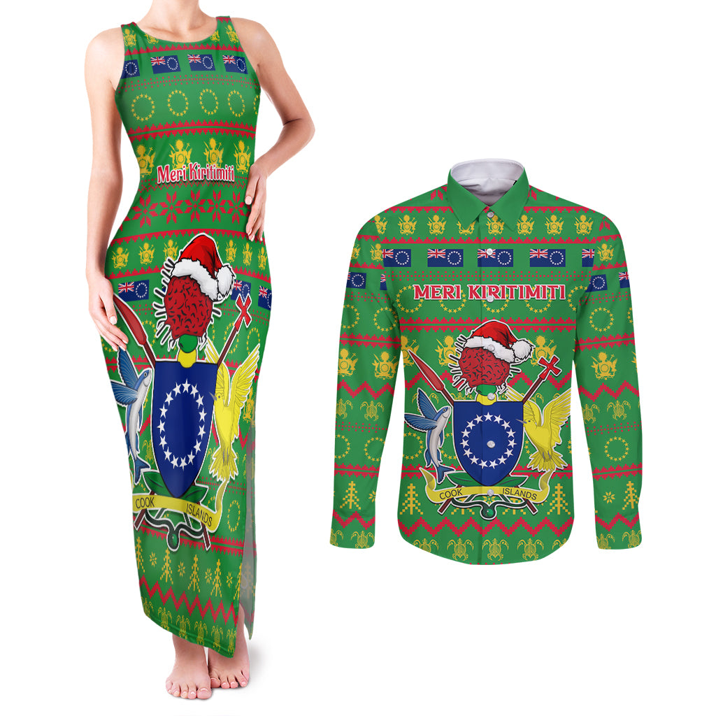 Personalised Cook Islands Christmas Couples Matching Tank Maxi Dress and Long Sleeve Button Shirt Santa Coat Of Arms Meri Kiritimiti LT05 Green - Polynesian Pride