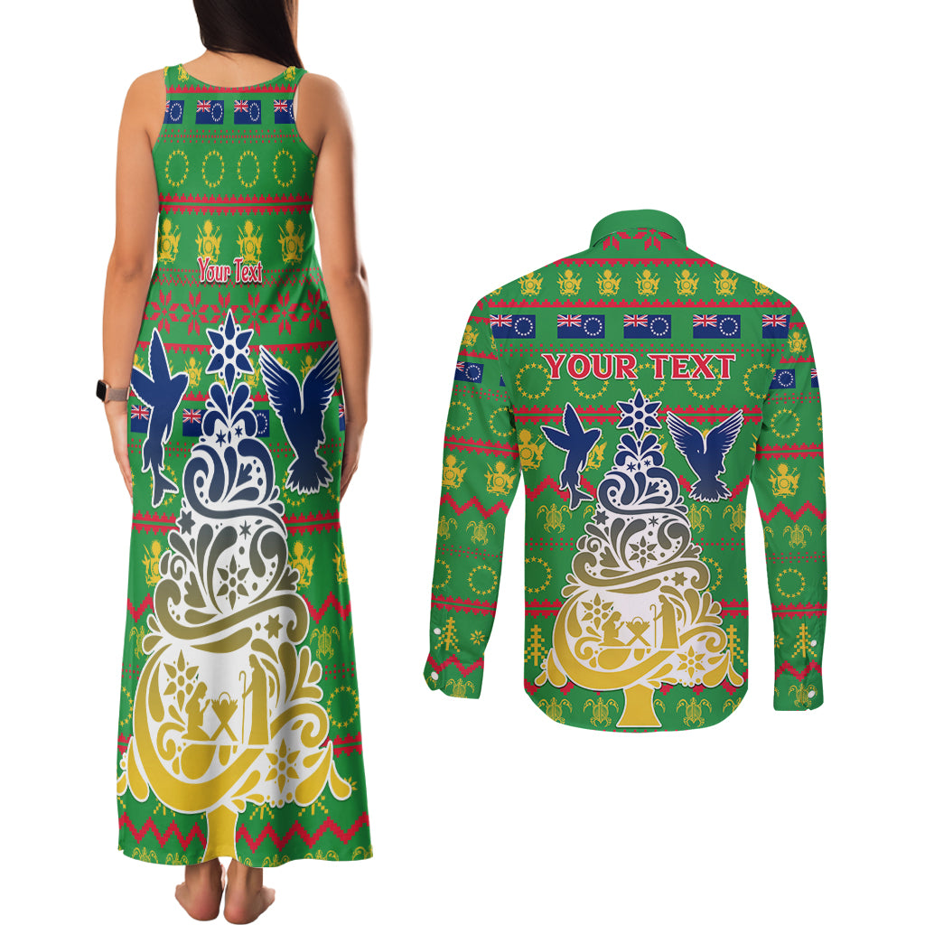 Personalised Cook Islands Christmas Couples Matching Tank Maxi Dress and Long Sleeve Button Shirt Santa Coat Of Arms Meri Kiritimiti LT05 - Polynesian Pride