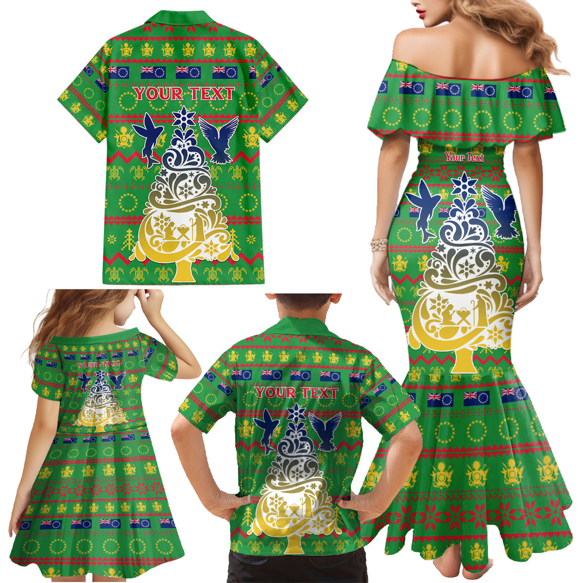 Personalised Cook Islands Christmas Family Matching Mermaid Dress and Hawaiian Shirt Santa Coat Of Arms Meri Kiritimiti LT05 - Polynesian Pride