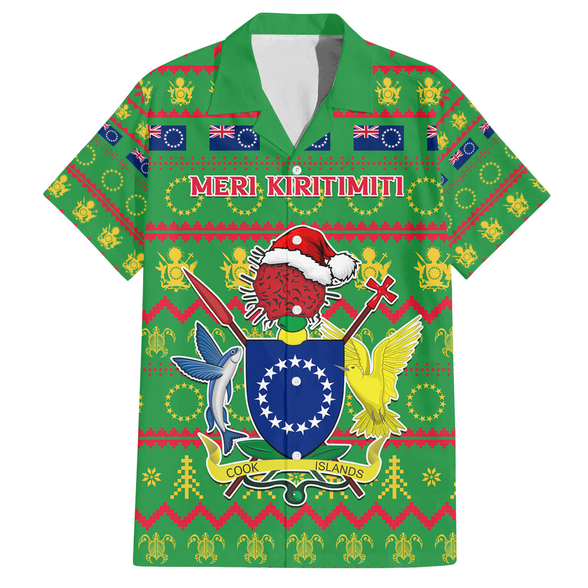 Personalised Cook Islands Christmas Family Matching Off Shoulder Short Dress and Hawaiian Shirt Santa Coat Of Arms Meri Kiritimiti LT05 Dad's Shirt - Short Sleeve Green - Polynesian Pride