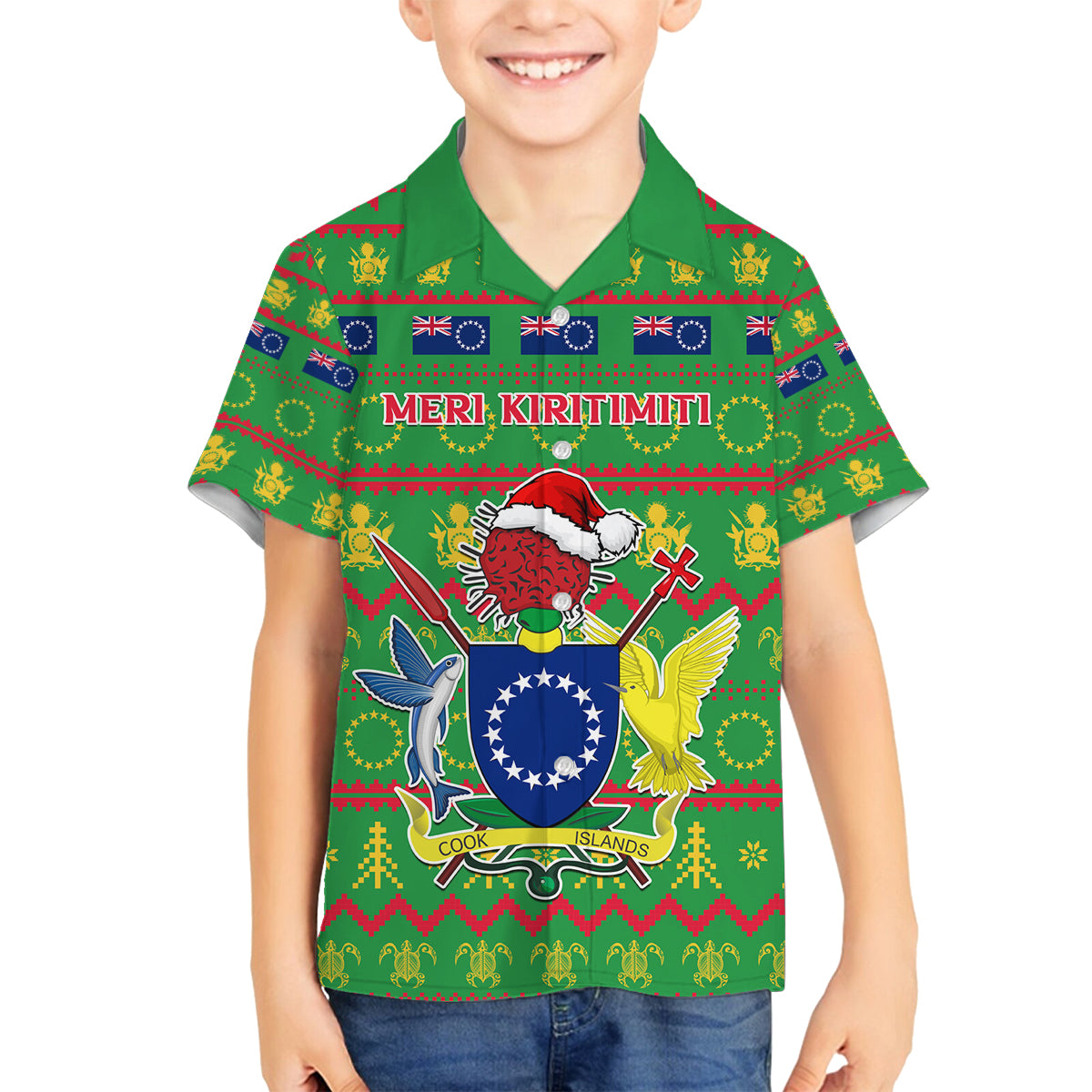 Personalised Cook Islands Christmas Family Matching Summer Maxi Dress and Hawaiian Shirt Santa Coat Of Arms Meri Kiritimiti LT05 Son's Shirt Green - Polynesian Pride