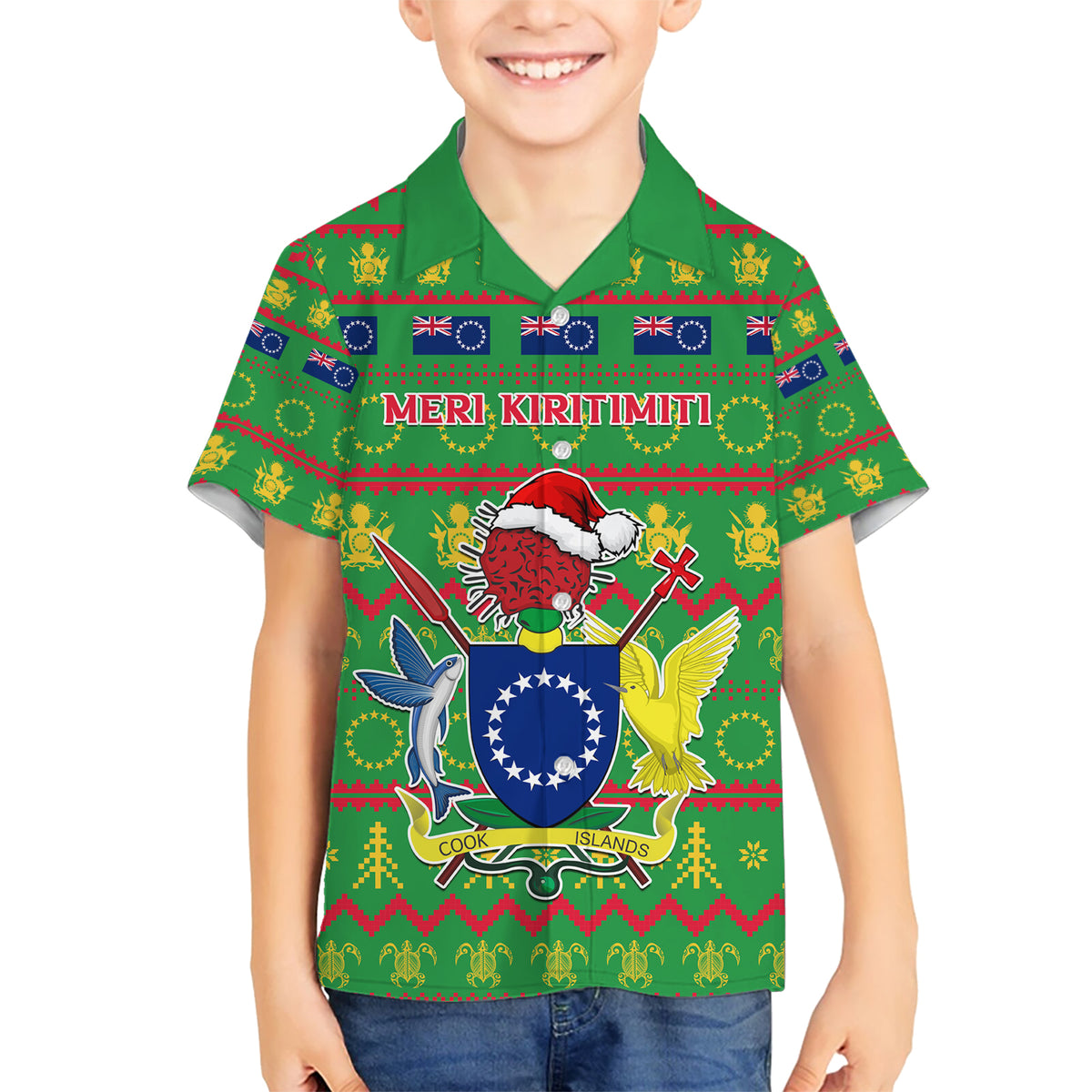 Personalised Cook Islands Christmas Kid Hawaiian Shirt Santa Coat Of Arms Meri Kiritimiti LT05 Kid Green - Polynesian Pride