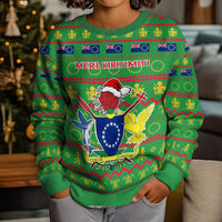 Personalised Cook Islands Christmas Kid Ugly Christmas Sweater Santa Coat Of Arms Meri Kiritimiti LT05 - Polynesian Pride