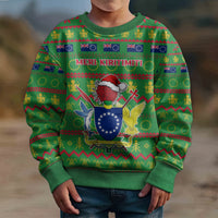 Personalised Cook Islands Christmas Kid Ugly Christmas Sweater Santa Coat Of Arms Meri Kiritimiti LT05 - Polynesian Pride