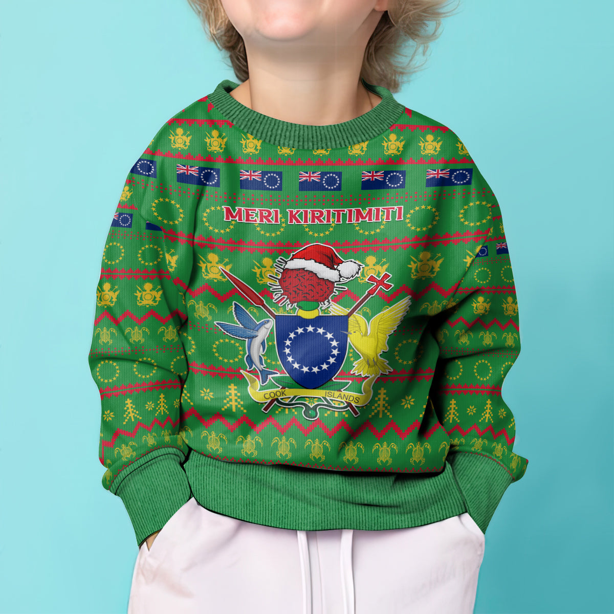 Personalised Cook Islands Christmas Kid Ugly Christmas Sweater Santa Coat Of Arms Meri Kiritimiti LT05 - Polynesian Pride