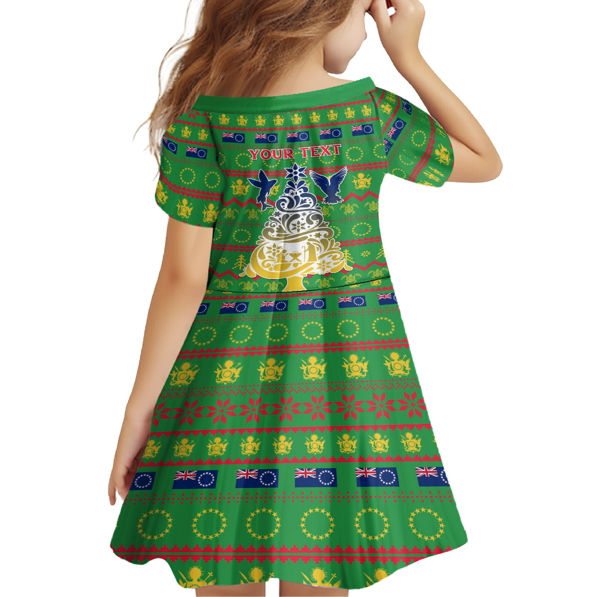 Personalised Cook Islands Christmas Kid Short Sleeve Dress Santa Coat Of Arms Meri Kiritimiti LT05 - Polynesian Pride