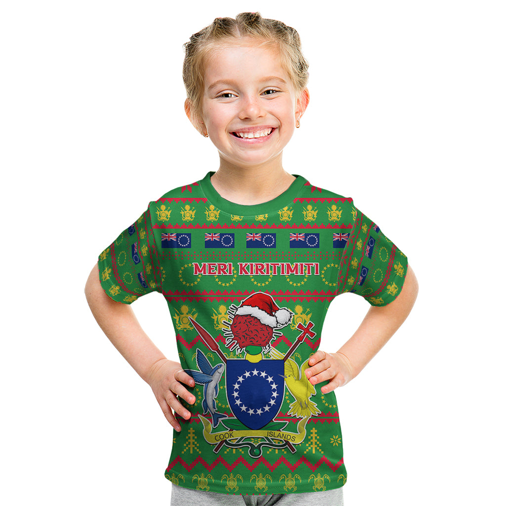 Personalised Cook Islands Christmas Kid T Shirt Santa Coat Of Arms Meri Kiritimiti LT05 Green - Polynesian Pride