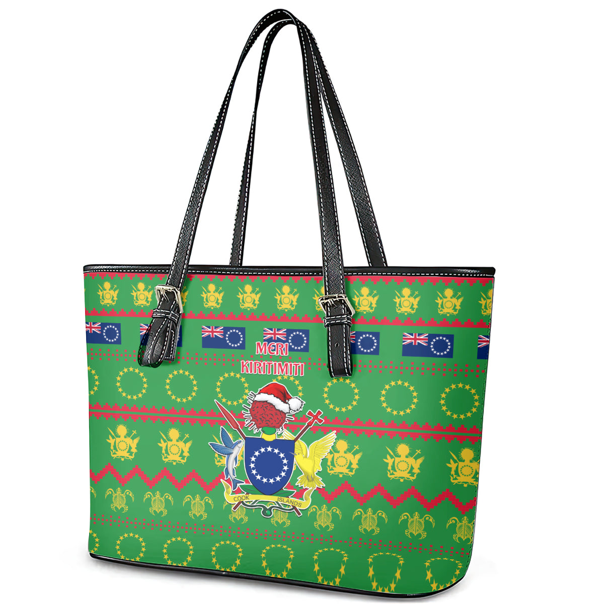 Cook Islands Christmas Leather Tote Bag Santa Coat Of Arms Meri Kiritimiti LT05 - Polynesian Pride