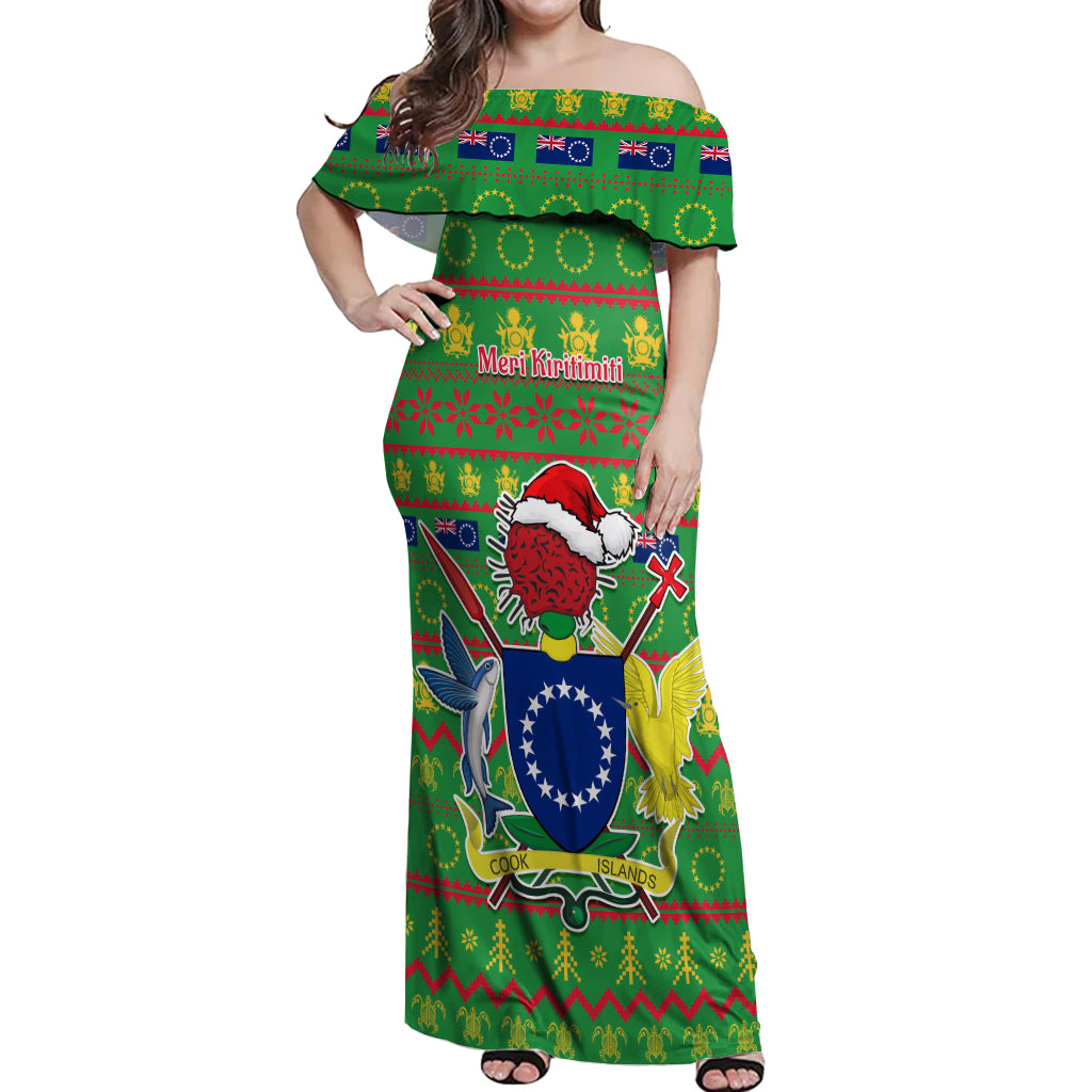 Personalised Cook Islands Christmas Off Shoulder Maxi Dress Santa Coat Of Arms Meri Kiritimiti LT05 Women Green - Polynesian Pride