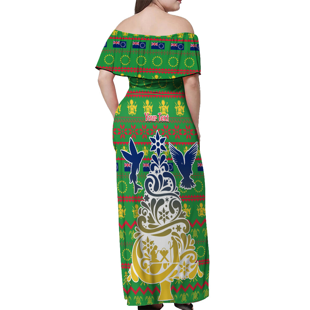 Personalised Cook Islands Christmas Off Shoulder Maxi Dress Santa Coat Of Arms Meri Kiritimiti LT05 - Polynesian Pride