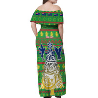 Personalised Cook Islands Christmas Off Shoulder Maxi Dress Santa Coat Of Arms Meri Kiritimiti LT05 - Polynesian Pride