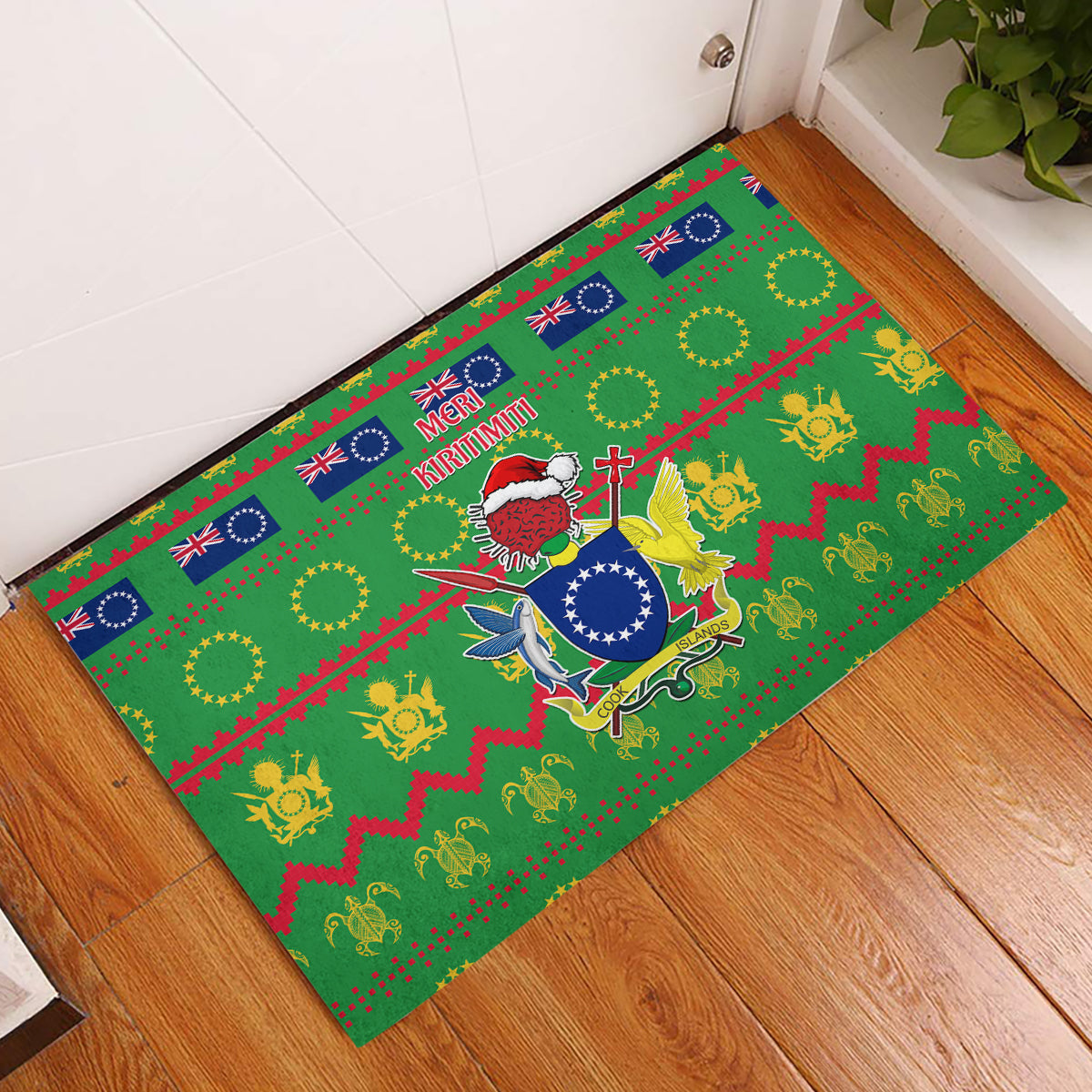 Cook Islands Christmas Rubber Doormat Santa Coat Of Arms Meri Kiritimiti LT05 Green - Polynesian Pride