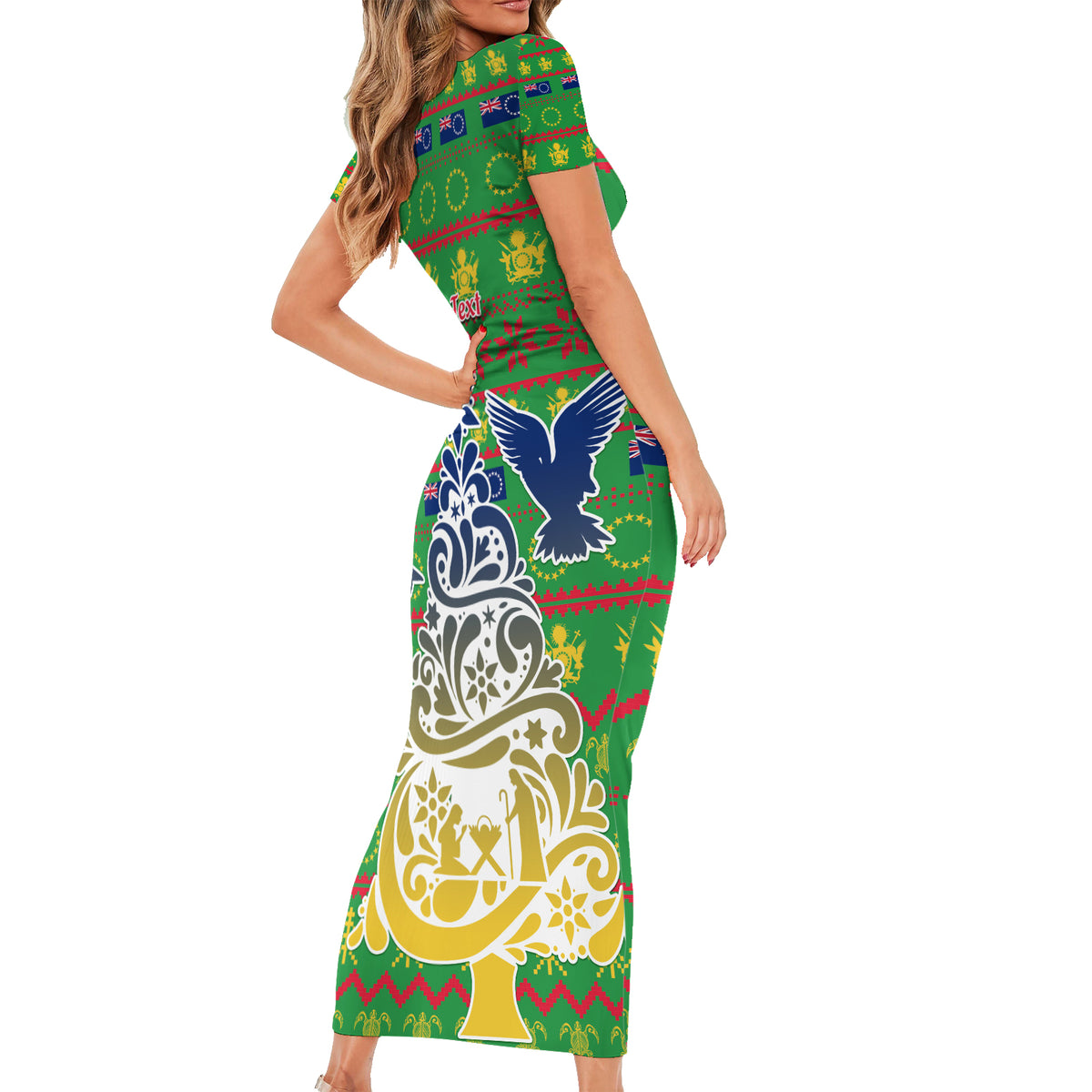 Personalised Cook Islands Christmas Short Sleeve Bodycon Dress Santa Coat Of Arms Meri Kiritimiti LT05 - Polynesian Pride