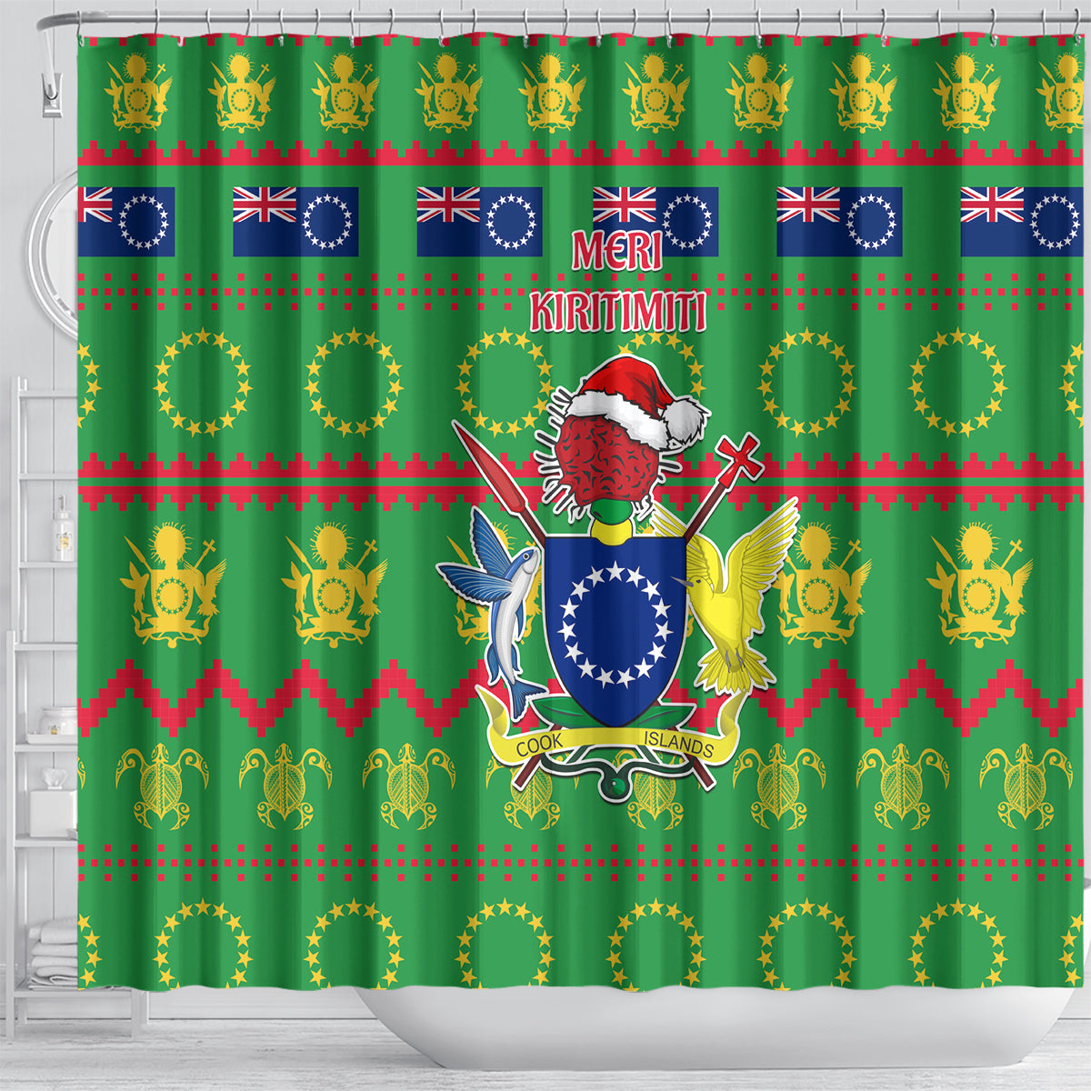 Cook Islands Christmas Shower Curtain Santa Coat Of Arms Meri Kiritimiti LT05 - Polynesian Pride