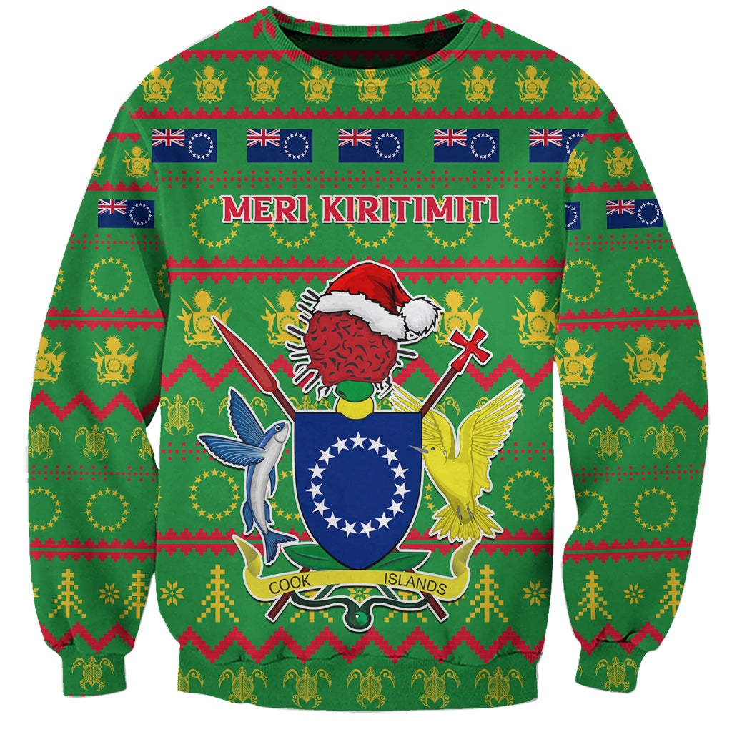 Personalised Cook Islands Christmas Sweatshirt Santa Coat Of Arms Meri Kiritimiti LT05 Unisex Green - Polynesian Pride