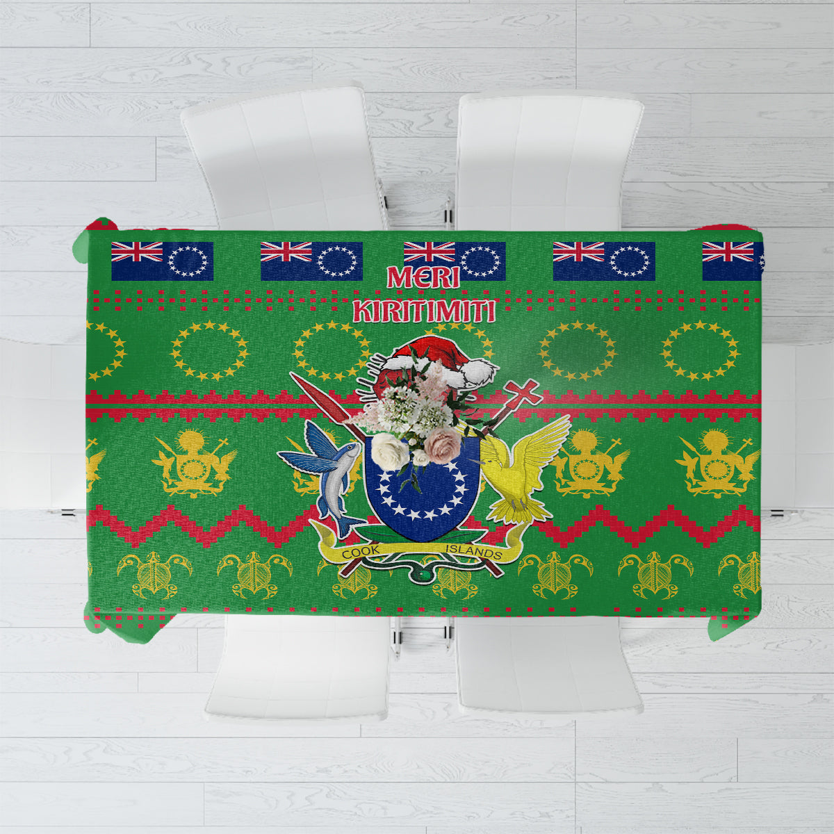 Cook Islands Christmas Tablecloth Santa Coat Of Arms Meri Kiritimiti LT05 Green - Polynesian Pride