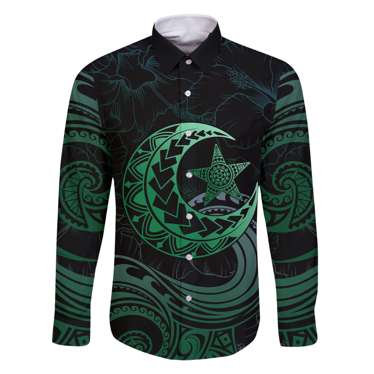 Personalised Polynesia Family Matching Off Shoulder Long Sleeve Dress and Hawaiian Shirt With Islam Crescent And Star LT05 Dad's Shirt - Long Sleeve Green - Polynesian Pride