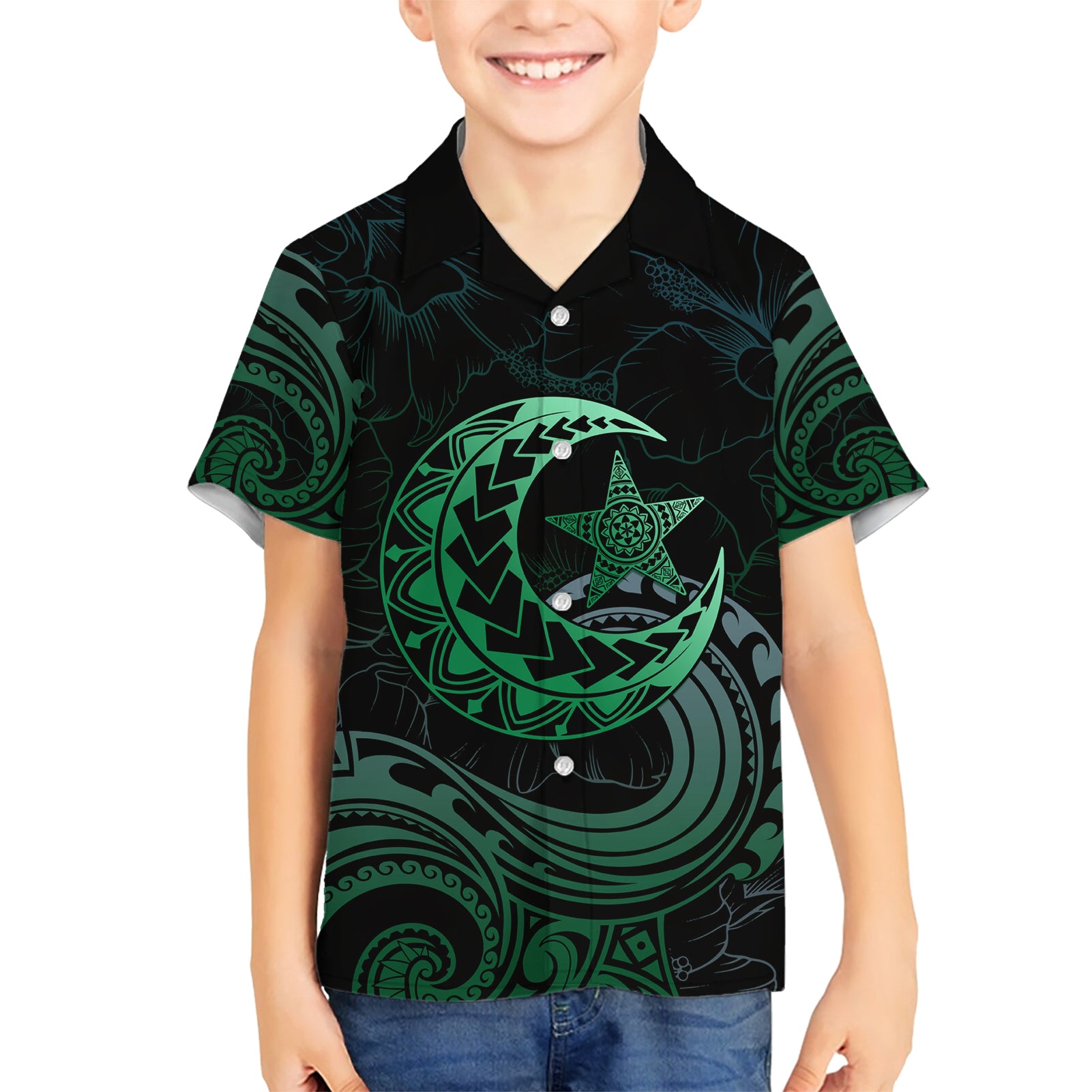 Personalised Polynesia Kid Hawaiian Shirt With Islam Crescent And Star LT05 Kid Green - Polynesian Pride