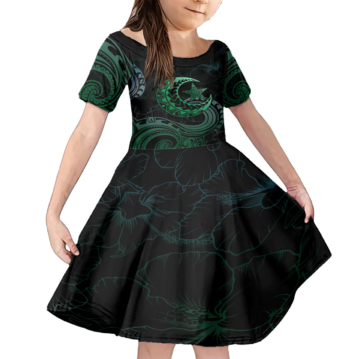 Personalised Polynesia Kid Short Sleeve Dress With Islam Crescent And Star LT05 KID Green - Polynesian Pride