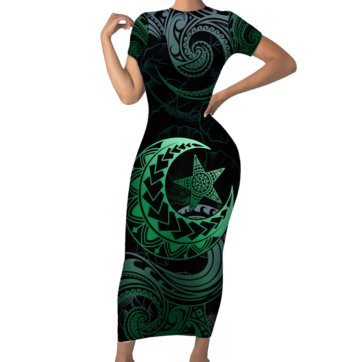 Personalised Polynesia Short Sleeve Bodycon Dress With Islam Crescent And Star LT05 Long Dress Green - Polynesian Pride