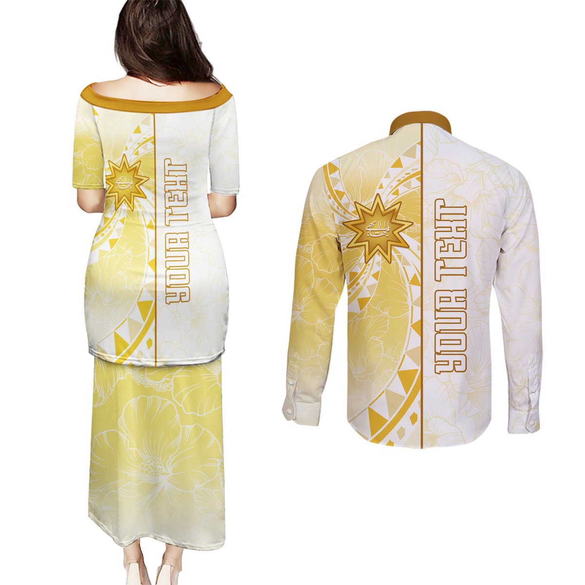 Personalised Polynesia Couples Matching Puletasi Dress and Long Sleeve Button Shirt Bahai Faith Symbol LT05 - Polynesian Pride