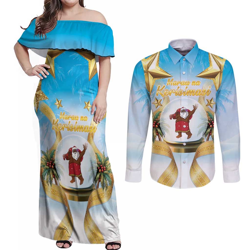 Fiji Christmas Couples Matching Off Shoulder Maxi Dress and Long Sleeve Button Shirt Snow Globe With Fijian Santa LT05