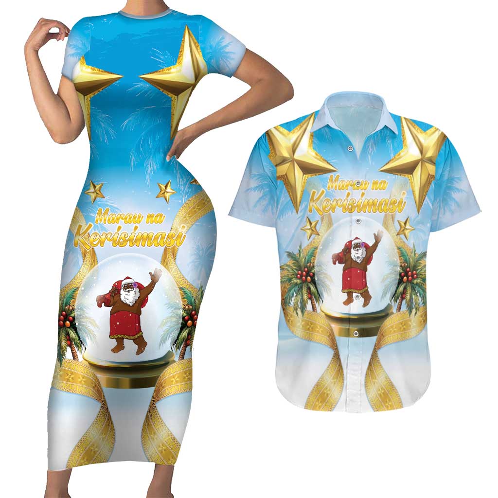 Fiji Christmas Couples Matching Short Sleeve Bodycon Dress and Hawaiian Shirt Snow Globe With Fijian Santa LT05
