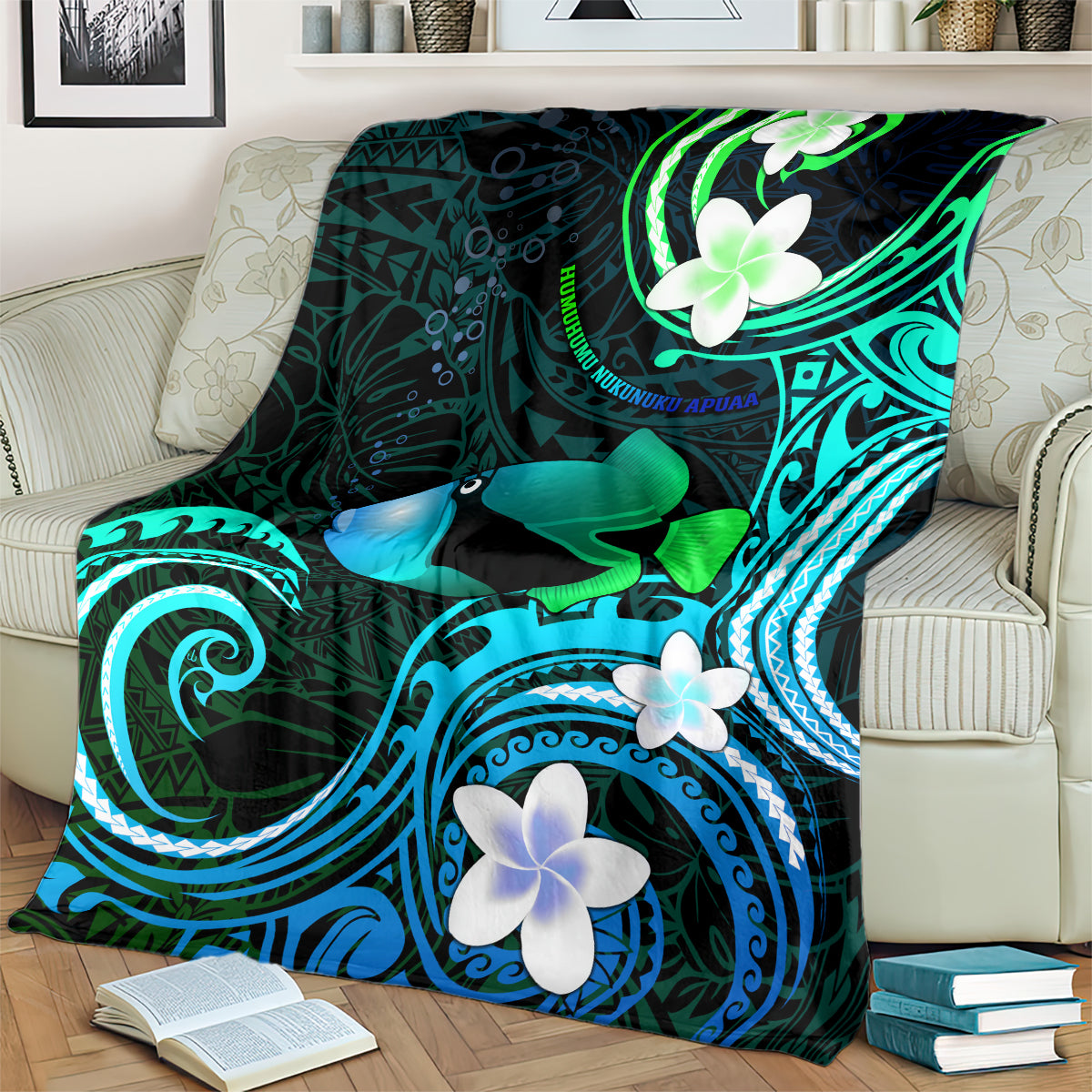Hawaii Humuhumu Reef Triggerfish Blanket Turquoise With Plumeria LT05 - Polynesian Pride