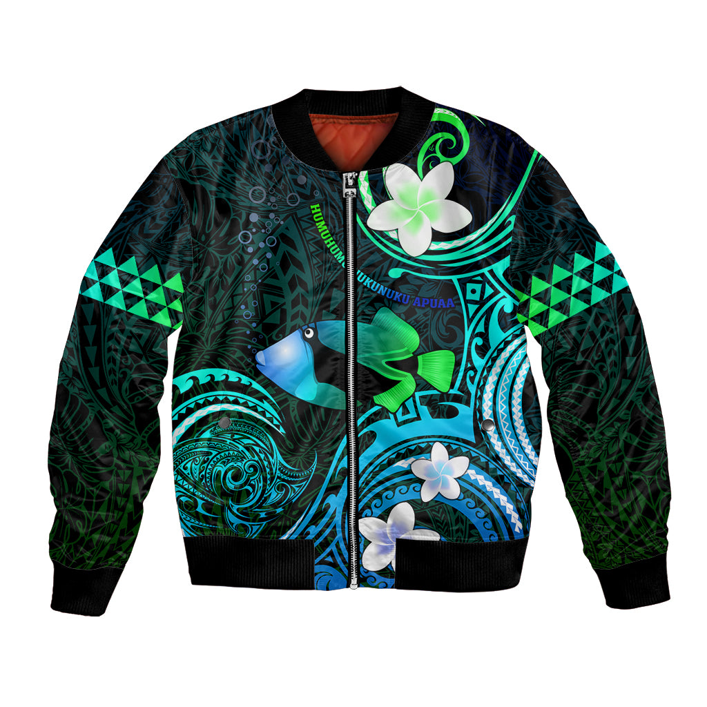 Personalised Hawaii Humuhumu Reef Triggerfish Bomber Jacket Turquoise With Plumeria LT05 Unisex Turquoise - Polynesian Pride
