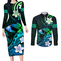 Personalised Hawaii Humuhumu Reef Triggerfish Couples Matching Long Sleeve Bodycon Dress and Long Sleeve Button Shirt Turquoise With Plumeria LT05 Turquoise - Polynesian Pride
