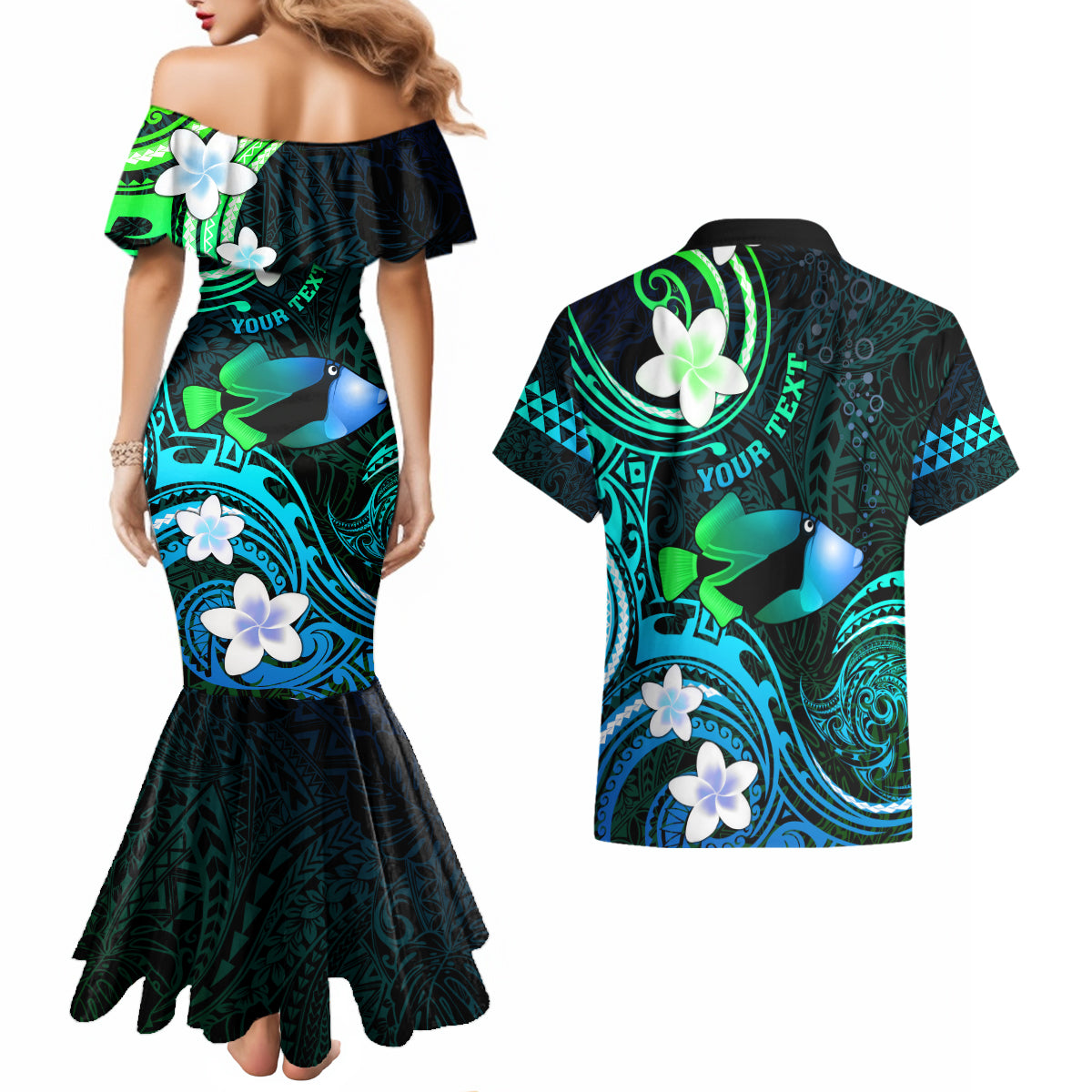 Personalised Hawaii Humuhumu Reef Triggerfish Couples Matching Mermaid Dress and Hawaiian Shirt Turquoise With Plumeria LT05 - Polynesian Pride