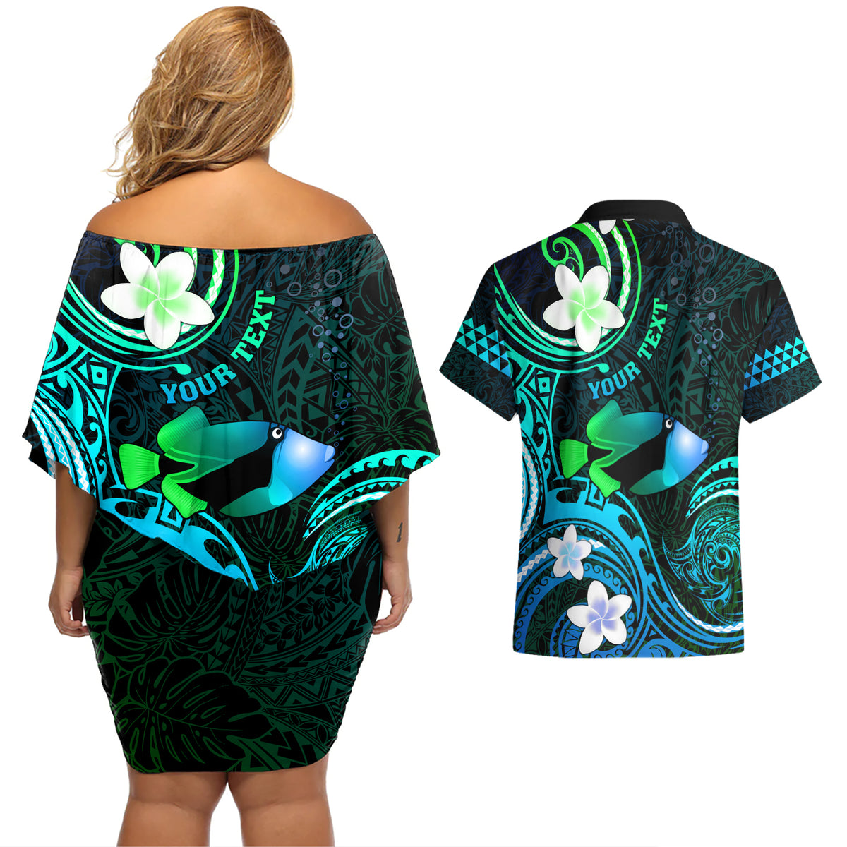 Personalised Hawaii Humuhumu Reef Triggerfish Couples Matching Off Shoulder Short Dress and Hawaiian Shirt Turquoise With Plumeria LT05 - Polynesian Pride