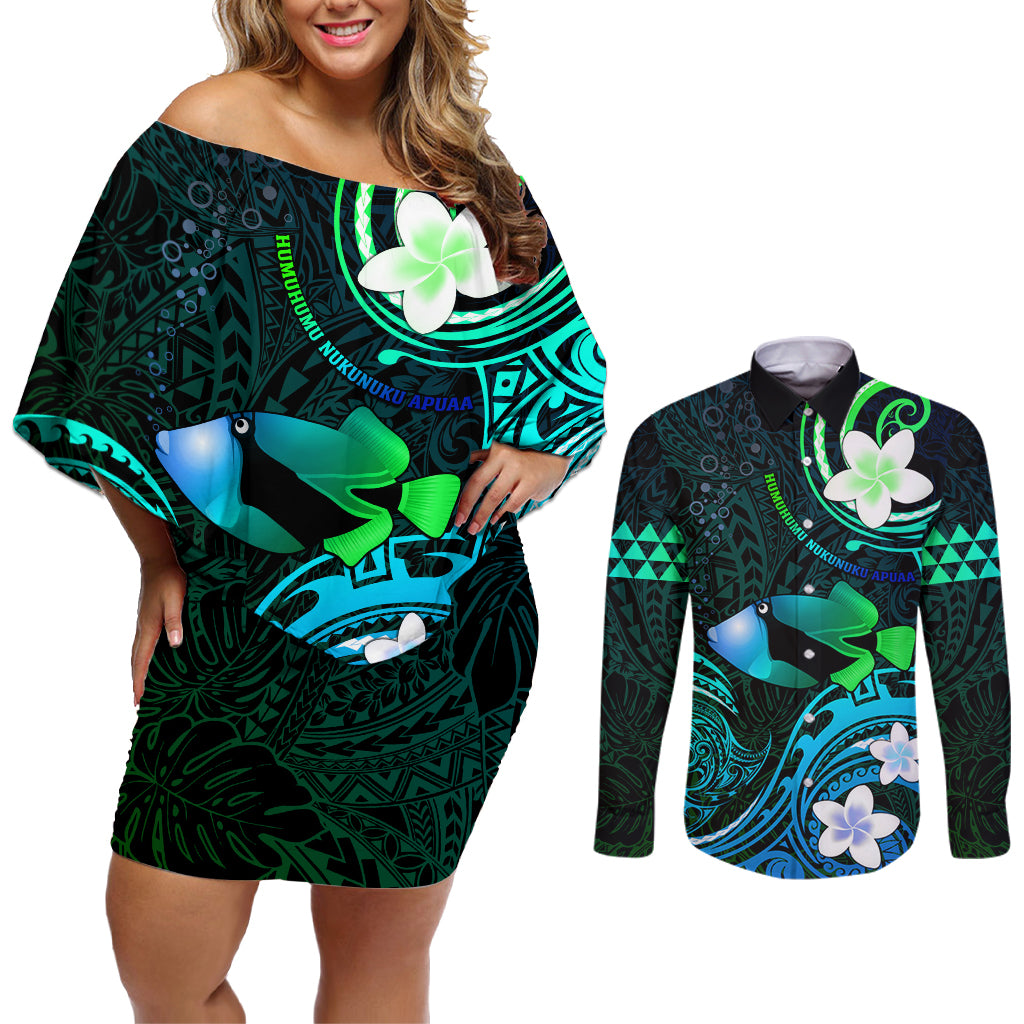 Personalised Hawaii Humuhumu Reef Triggerfish Couples Matching Off Shoulder Short Dress and Long Sleeve Button Shirt Turquoise With Plumeria LT05 Turquoise - Polynesian Pride