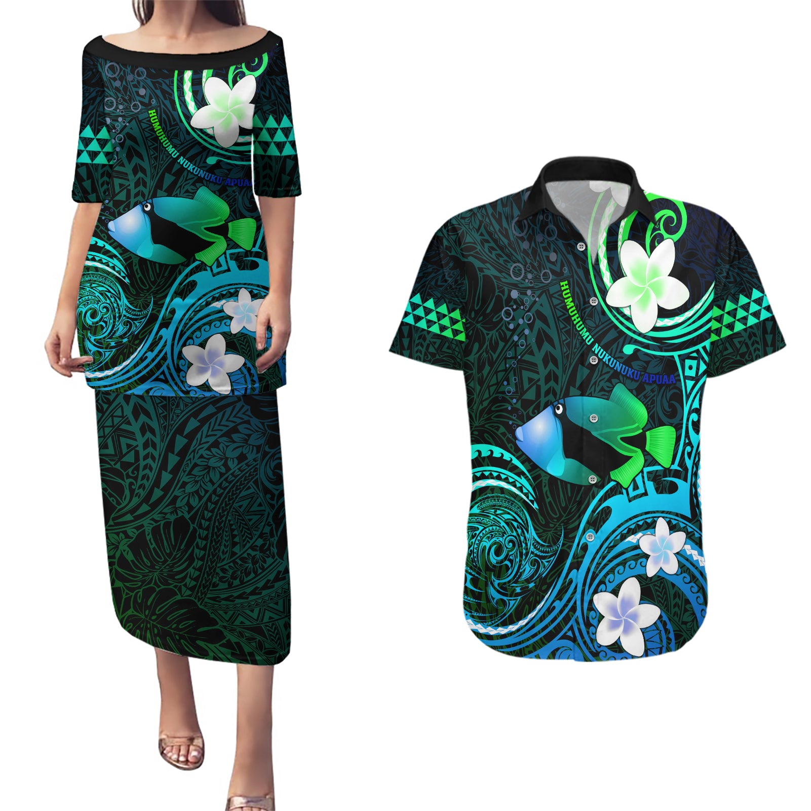 Personalised Hawaii Humuhumu Reef Triggerfish Couples Matching Puletasi and Hawaiian Shirt Turquoise With Plumeria LT05 Turquoise - Polynesian Pride