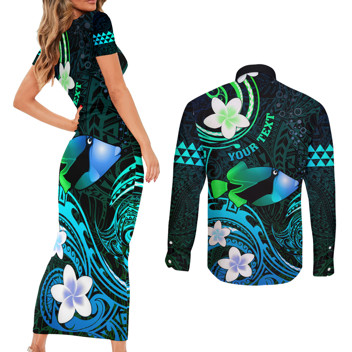 Personalised Hawaii Humuhumu Reef Triggerfish Couples Matching Short Sleeve Bodycon Dress and Long Sleeve Button Shirt Turquoise With Plumeria LT05 - Polynesian Pride