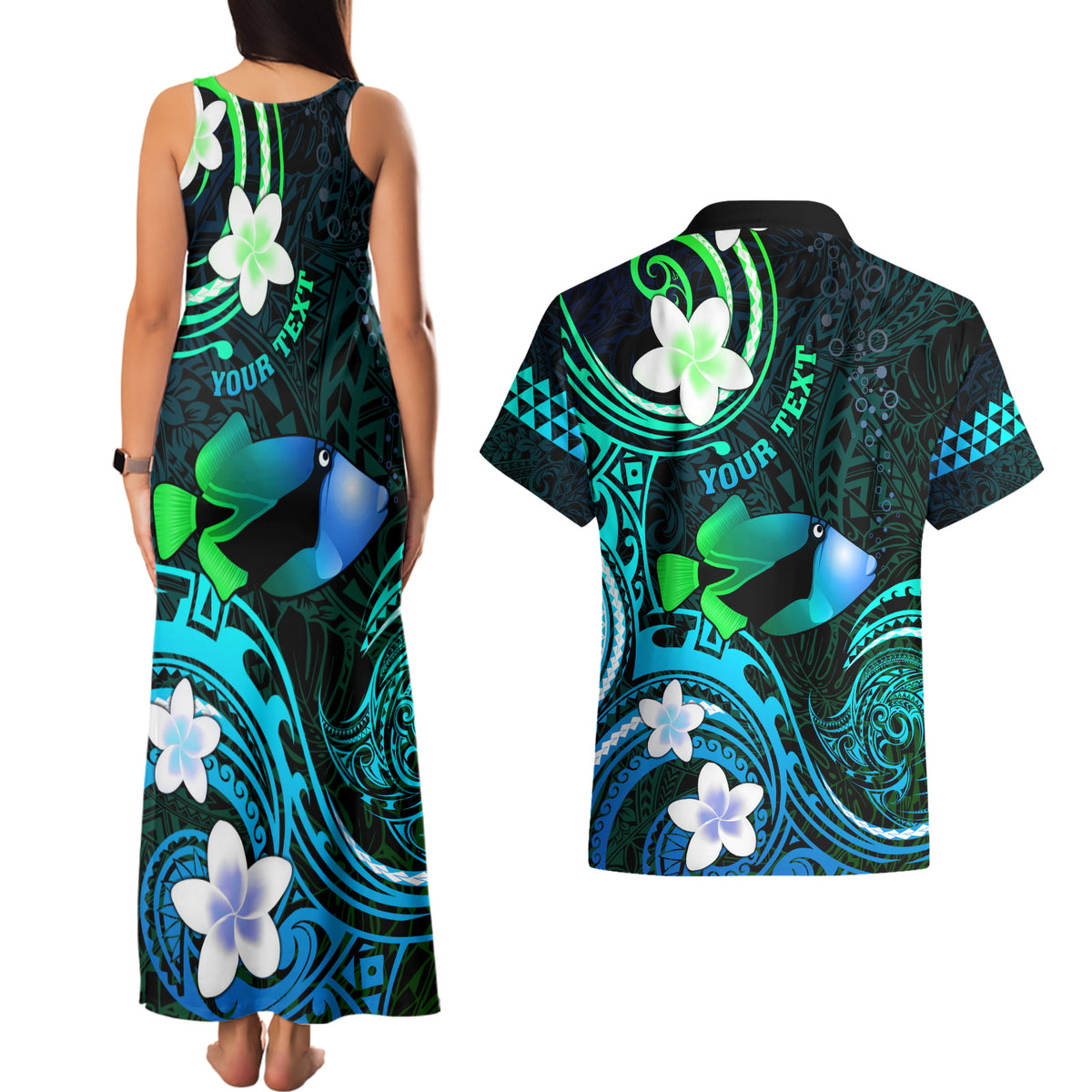 Personalised Hawaii Humuhumu Reef Triggerfish Couples Matching Tank Maxi Dress and Hawaiian Shirt Turquoise With Plumeria LT05 - Polynesian Pride