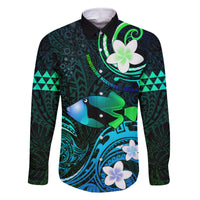 Personalised Hawaii Humuhumu Reef Triggerfish Family Matching Long Sleeve Bodycon Dress and Hawaiian Shirt Turquoise With Plumeria LT05 Dad's Shirt - Long Sleeve Turquoise - Polynesian Pride