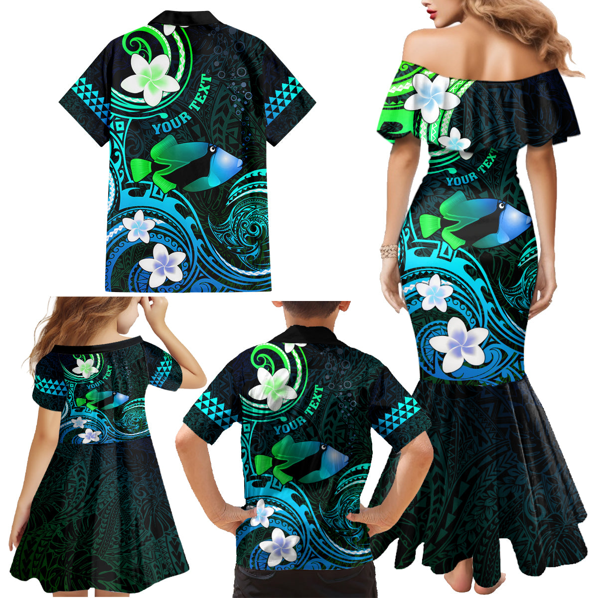 Personalised Hawaii Humuhumu Reef Triggerfish Family Matching Mermaid Dress and Hawaiian Shirt Turquoise With Plumeria LT05 - Polynesian Pride
