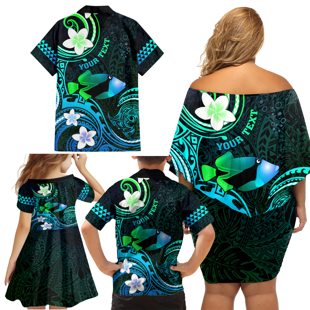 Personalised Hawaii Humuhumu Reef Triggerfish Family Matching Off Shoulder Short Dress and Hawaiian Shirt Turquoise With Plumeria LT05 - Polynesian Pride