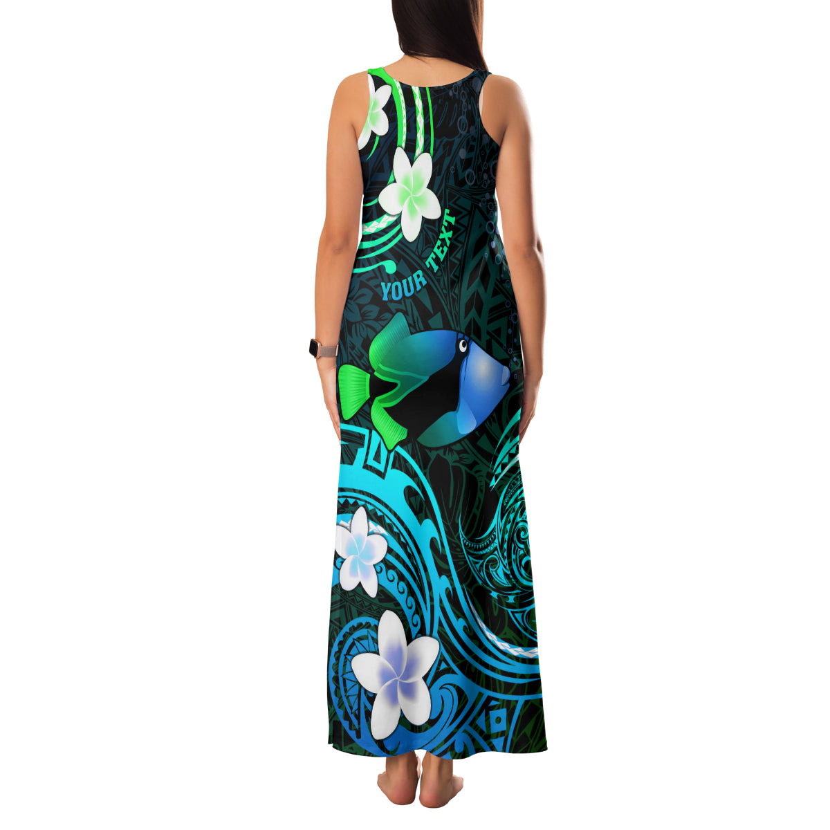 Personalised Hawaii Humuhumu Reef Triggerfish Family Matching Tank Maxi Dress and Hawaiian Shirt Turquoise With Plumeria LT05 - Polynesian Pride