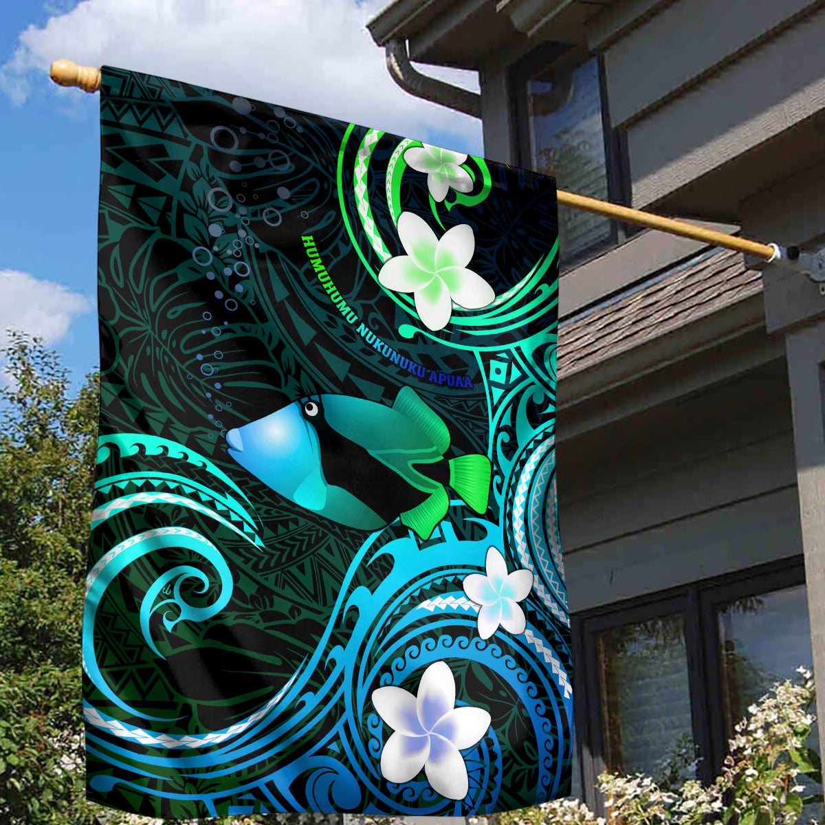 Hawaii Humuhumu Reef Triggerfish Garden Flag Turquoise With Plumeria LT05 - Polynesian Pride